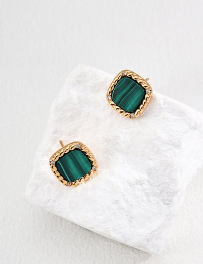 Minimalist S925 Silver Cubic Zirconia & Malachite Earrings