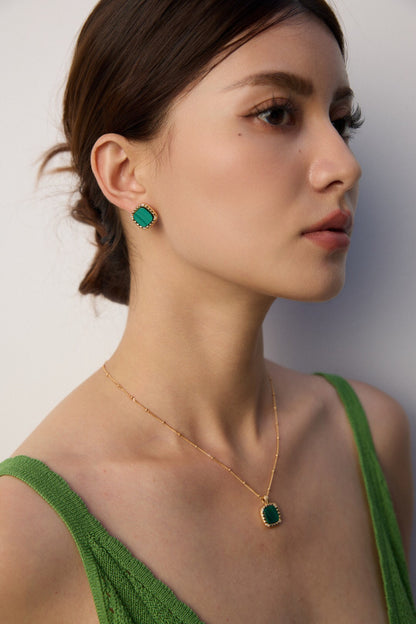 Minimalist S925 Silver Cubic Zirconia & Malachite Earrings