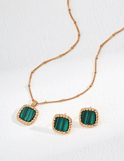 Minimalist S925 Silver Cubic Zirconia & Malachite Earrings