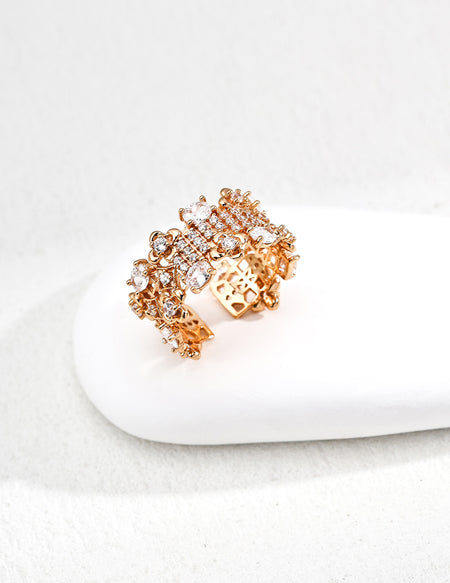 S925 Sterling Silver Zircon Ring – Adjustable Open Design, Vintage Gold / Platinum