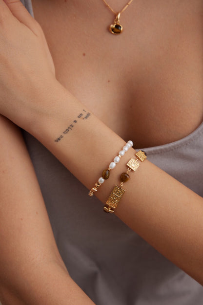 S925 Sterling Silver Tiger Eye & Natural Pearl Bracelet – Adjustable Chain, Vintage Gold