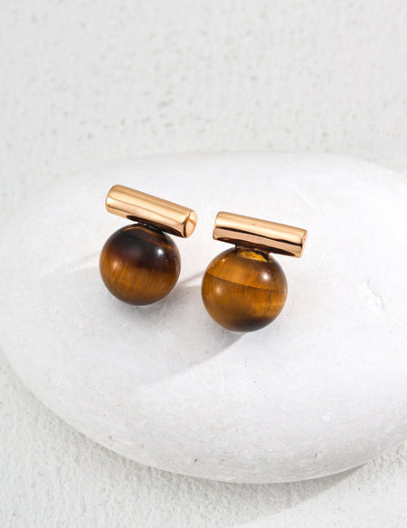 E01231 S925Silver simple natural tiger eye stone black agate earrings